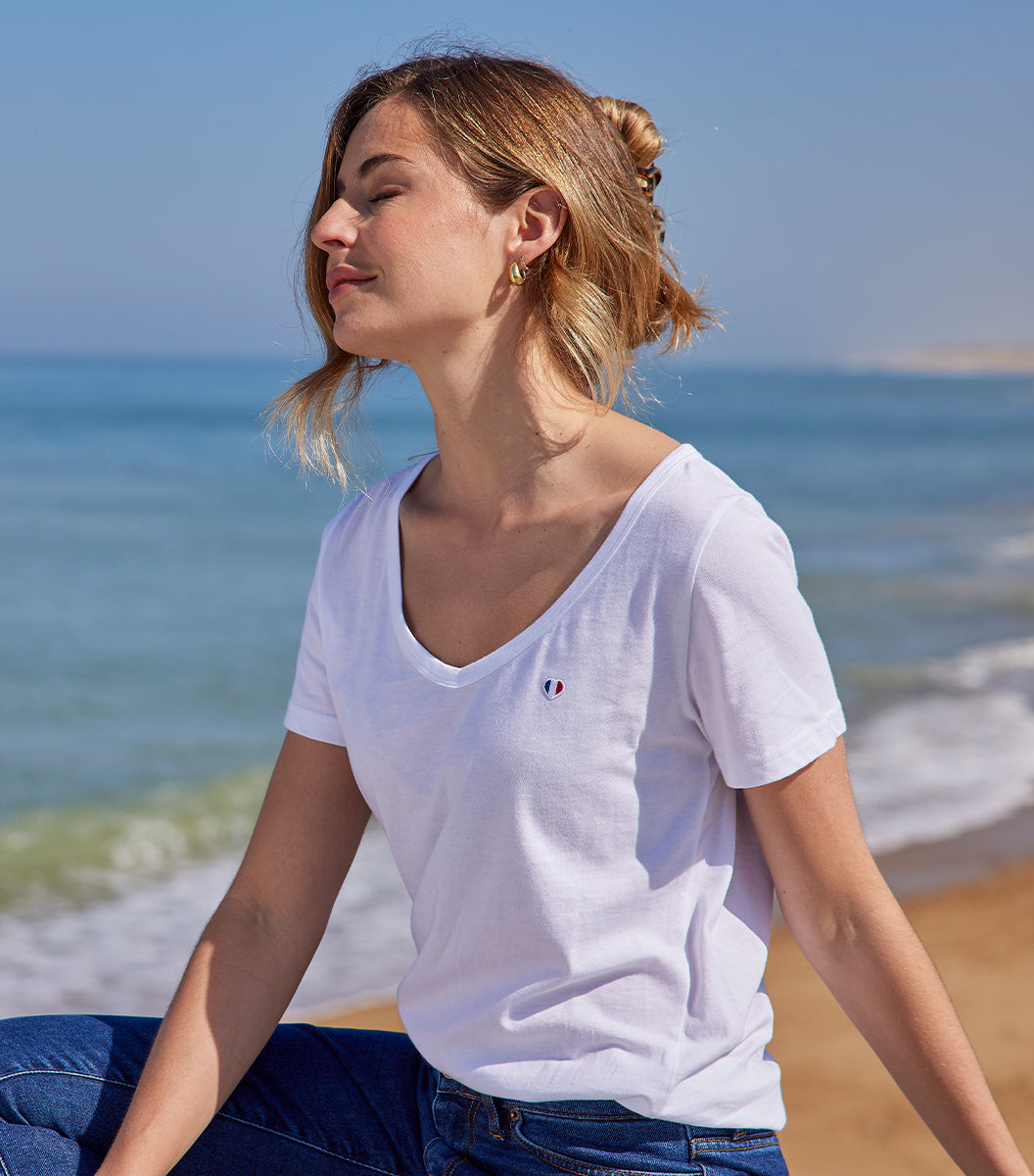 T-shirt col V Femme Blanc - Iconique